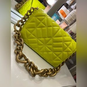 Lime green/ yellow shoulder bag purse with flap and gold chain